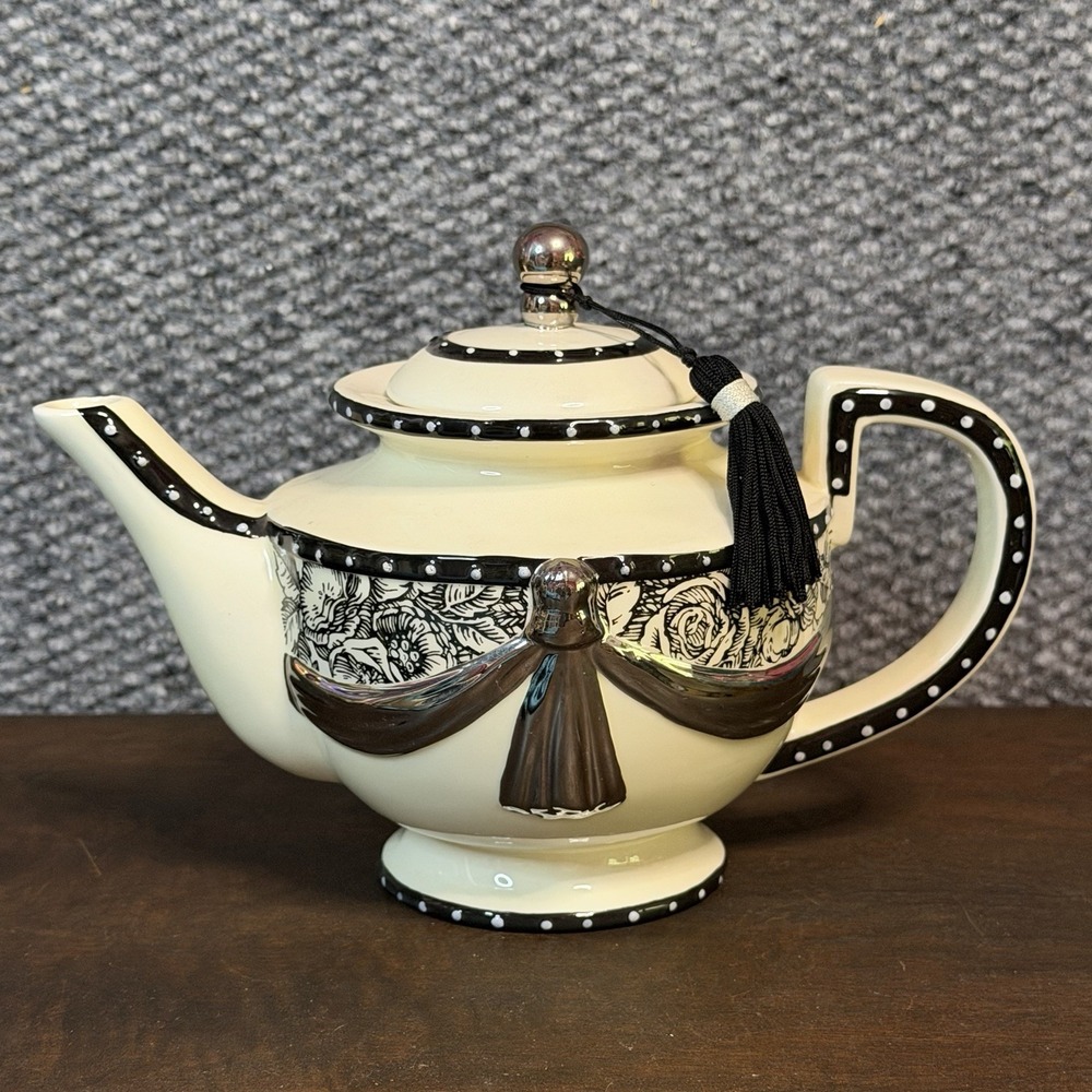 Vintage Mud Pie Paris Collection Cream & Black Toile & Floral Teapot